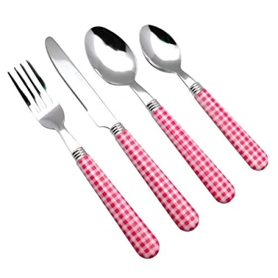 Imagen de EXZACT Cuberterías 24 Piezas Patrón a Cuadros/Gingham Cubiertos Acero Inoxidable con manecillas de Color 6 x Tenedores, Cuchillos, Cucharas, Cucharaditas (Rosa 24)