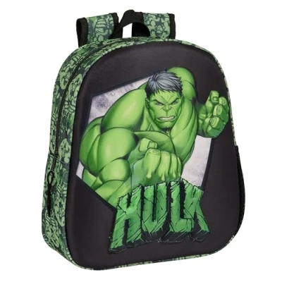 Imagen de Safta HULK Mochila Escolar, con Diseño 3D, Adaptable a Carro, Ideal para Niños de Diferentes Edades, Cómoda y Versátil, Calidad Resistencia, 27x10x33 cm, Color Negro/Verde