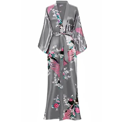 Imagen de ArtiDeco Vestido Kimono Pijama de Seda Novia Ropa dormir Satén Estampado Pavo Real