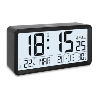 Imagen de ADE Reloj Despertador Digital radiocontrolado con dígitos XXL de sobremesa Calendario indicación Temperatura y Humedad 2 Horas Alarma repetición Negro