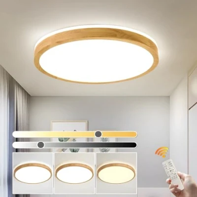 Imagen de YYUTLUO lámpara techo LED de madera, madera natural redonda con brillo superior 360​​ Regulable mando distancia 2700K 6500K 36W Salón Comedor Pasill Hogar Oficina Habitación(Ø50cm)
