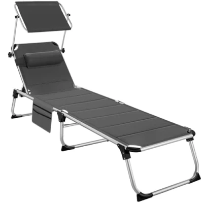 Imagen de TecTake® Tumbona Jardín Exterior de Aluminio, Plegable con Reposacabezas, Parasol y Bolsillo Lateral, Playa Reclinable en 6 Posiciones, Piscina Resistente a Intemperie Gris