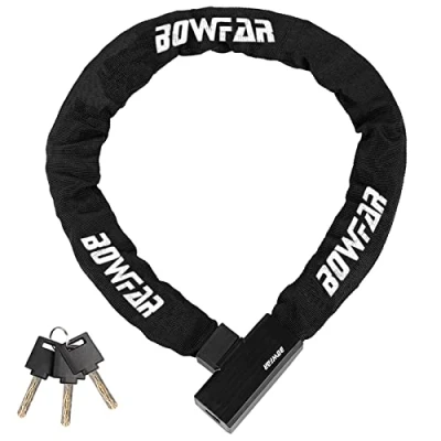 Imagen de Bowfar Candado de cadena para bicicleta, alto nivel seguridad 7, con acero 6 mm y cubierta impermeable, antirrobo bicicleta llave motocicleta, scooter