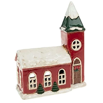 Imagen de Village Pottery Portavelas de Navidad con diseño iglesia, color rojo