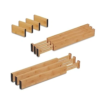 Imagen de Relaxdays Pack Separadores de Cajones Bambú XL, 6 Organizadores Ajustables 43,5 y 56,5 cm, 4 Divisores Fijos, Natural, Silicona, x 2 cm