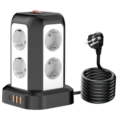 Imagen de MBQYT Torre Regletas Enchufes, Regleta USB 8 Tomas de AC y 4 Enchufe Multiple, Alargador Enchufe,Regleta Enchufes Proteccion Sobretension,1.8M Regreltas Vertical con Interruptor para Mesa, Oficia
