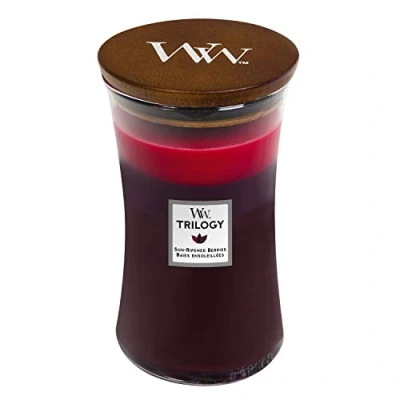 Imagen de Vela aromática grande Woodwick Hourglass Trilogy con mecha crepitante, bayas maduradas al sol, hasta 130 horas, multicolor (bayas por el sol), 10,2 x 17,8 cm; 610 g