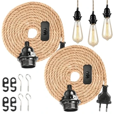 Imagen de 2 lámparas colgantes con interruptor y enchufe, portalámparas E27 de 4,5 m, casquillo trenzado cable, cable lámpara vintage interruptor, colgante para Farmhouse Home Loft