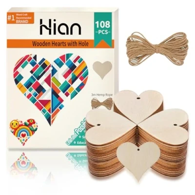 Imagen de 100pcs 4CM / 1.57inch madera rústica Love Heart Craft Kit de sin terminar Preperforado con agujero Círculos para artes Rodajas Adornos Navidad Manualidades