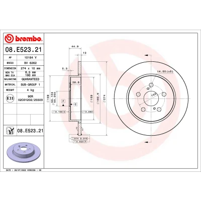 Imagen de BREMBO 08.E523.21 Disco de freno 274 10 5 macizo revestido