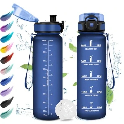 Imagen de Botella Agua 1 Litro, Gimnasio con Filtro, Fácil de Abrir, Reutilizable, Motivacional a Prueba Fugas, Garrafa para Escuela, Colegio, Bebidas Carbonatadas, Bicicleta