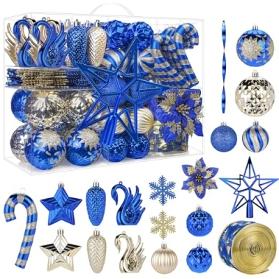 Imagen de Alupssuc Juego de 128 Adornos Navideños, Bolas Irrompibles para Decoración árbol Navidad, Flores Cinta, Adorno Fiesta Boda con Ganchos, Azul&amp;Dorado