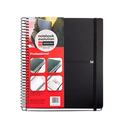 Imagen de Miquelrius Cuaderno A5 Evolution Professional 120 Hojas de 70 g/m², 100 Cuadrículadas + 20 Lisas, Tapa Polipropileno Negro, Cierre Goma, Bolsillo Cartón y 3 Separadores Movibles (1 con regla)