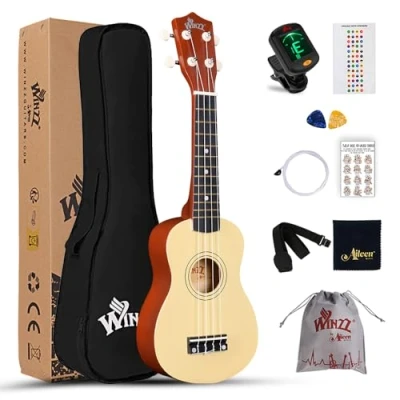 Imagen de Winzz Kit de iniciación ukelele soprano para principiantes, con bolsa, afinador clip, cuerdas adicionales, correa, púa, adhesivo diapasón, tarjeta acorde, paño pulido, color natural