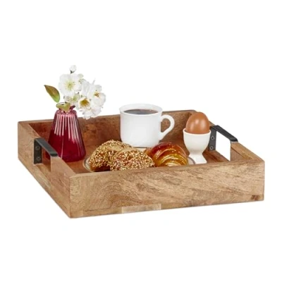 Imagen de Relaxdays Bandeja Rectangular de Madera Mango, con Asas, Servir, Desayuno, Decorativa, Cocina, 7,5x35x35cm, Natural