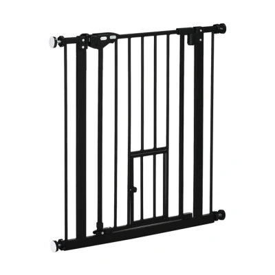 Imagen de PawHut Barrera de Seguridad para Perros Mascotas Extensible con Puerta Pequeño Cierre Automático y Sistema Doble Bloqueo Pasillo Escalera 74 80x76,2 cm Negro