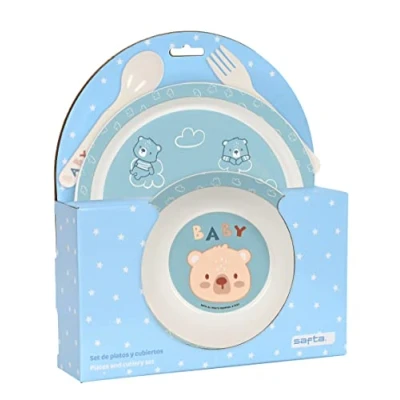 Imagen de Safta M933 Set, Pack, Plato, Cubierto, Bebé, Iniciación, Comida, Cómodo y Versátil, 22.5x5.5x26, Color Azul Pastel, Estándar (M933)