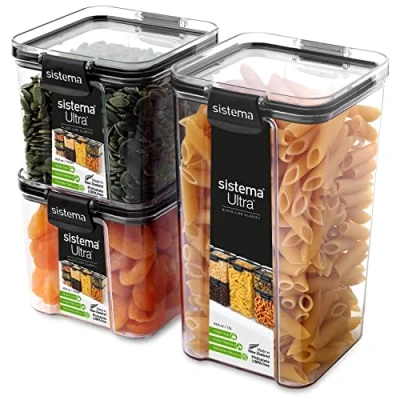 Imagen de Sistema Ultra recipientes de almacenamiento herméticos Tritan para despensas y cocinas 3 plástico guardar alimentos (1 1,3 l + 2 700 ml) Apilables Sin BPA
