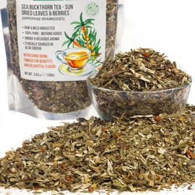 Imagen de Té de espino cerval mar verde siberiano, 100 g, hojas secas al sol, Hippophae, montañas Altai cosechadas salvajemente