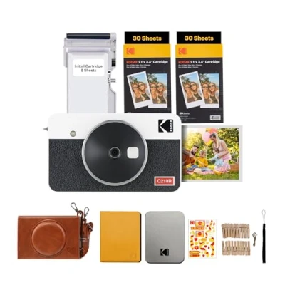 Imagen de KODAK Mini Shot 2 Retro 4PASS en 1 Cámara instantánea e Impresora fotográfica portátil (5,3 x 8,6 cm) + Caja de Regalo con 60 Hojas, Color Blanco