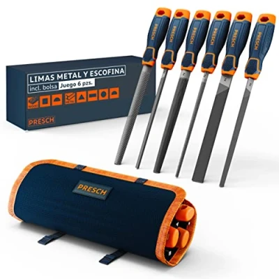 Imagen de Presch Juego de limas para metal y madera 6 piezas con bolsa incl. escofina media caña, lima plana muñón, redonda, triangular cuadrada