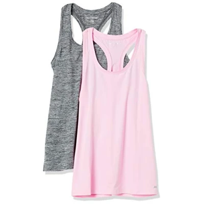 Imagen de Amazon Essentials Camiseta Técnica con Espalda Deportiva en Tejido Elástico (Disponible Tallas Grandes) Mujer, Pack de 2, Negro Teñido Multicolor/Rosa Claro, S