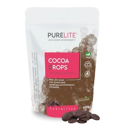 Imagen de PURELITE Cocoa Drops chocolate negro vegano 450g, gotas grandes sin azúcar añadido con eritritol y stevia, regusto, amargo azúcar, menos calorías, mín. 60% cacao