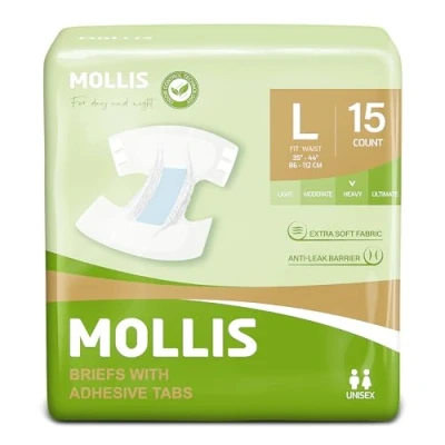 Imagen de MOLLIS Pañales para Adultos Incontinencia, Bragas Absorbentes Ancianos, Unisex, Hombres y Mujeres, Máxima Absorción, Control de Olores, Talla L, 15 Unidades