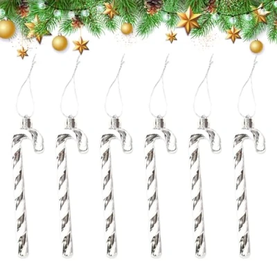 Imagen de YEJAHY 6 colgantes decorativos para árbol de Navidad, bastones caramelo Navidad (plata)