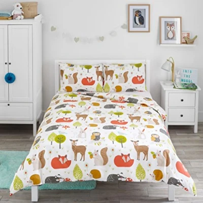 Imagen de Bloomsbury Mill Juego de Funda Nórdica Cama 105 para Niños y Niñas Animales del Bosque Edredón Reversible 2 Almohadas Infantil 200x200 cm