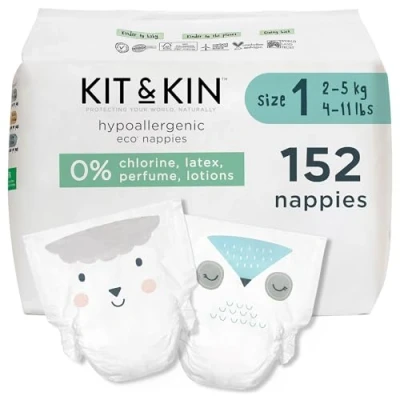 Imagen de Kit &amp; Kin Premium Eco pañales para bebé, tamaño 1, a base de plantas e hipoalergénicos, protección superior contra fugas hasta 12 horas, recién nacido 2 5 kg, paquete mensual 152