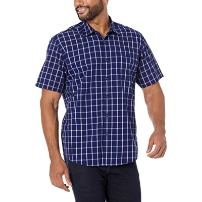 Imagen de Amazon Essentials Camisa de Popelín Manga Corta Ajuste Normal Hombre, Azul Marino Cuadros Ventana, S