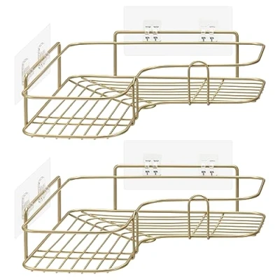 Imagen de Navaris Cestas de Metal Ducha Dorada 2X Estante esquinero para Accesorios baño Estantería Colgar en Pared con Adhesivos sin Taladro