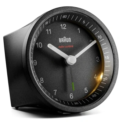 Imagen de Braun Classic Radio Controlled Analogue Alarm Clock For Central European Time Zone (DCF/GMT+1) with Snooze and Light, Quiet Quartz Movement, Crescendo Beep in Black, Model BC07B DCF.