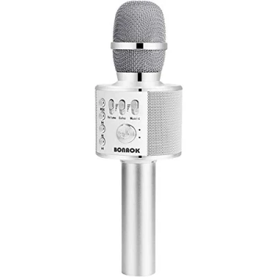 Imagen de BONAOK Micrófono Inalámbrico de Karaoke Bluetooth, 3 en 1 Portátil Mic Regalo Cumpleaños Máquina Altavoces para Fiestas el Hogar iPhone/Android/iPad Smartphone (Plateado)