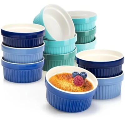 Imagen de COM FOUR® 12x moldes para soufflé tazones de cerámica creme brulee aptos horno postre y pastel ragout fin 200 ml c/u en tonos azul verde