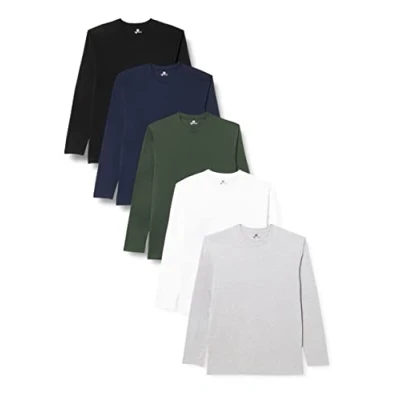 Imagen de Lower East Camiseta de manga larga con cuello redondo 100 % algodón, Hombres, Blanco / Negro Gris Azul Verde (paquete 5), M