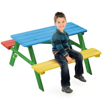 Imagen de KADAX mesa de picnic infantil con bancos, muebles infantiles para pícnic, madera, juego pícnic jardín, sillas asientos