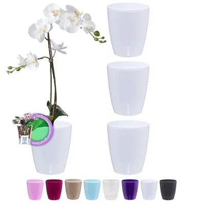 Imagen de Santino Juego de 4 Macetas para Orquídeas Ø 15cm Autorriego con Sistema Mecha e Indicador Nivel Agua Interior (Ø 2L Blanco)