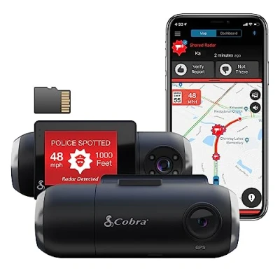 Imagen de Cobra Smart Dash Cam con cámara interior (SC 201) Resolución Full HD 1080P, WiFi y GPS integrados, tarjeta SD de 16 GB, pantalla 2 pulgadas, emergencia MayDay, Drive Smarter App