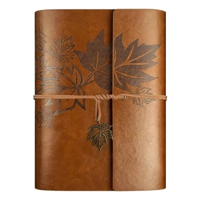 Imagen de Cuaderno de cuero sintético vintage Qefuna A5, carpeta anillas rellenable, diario viaje(Marrón)