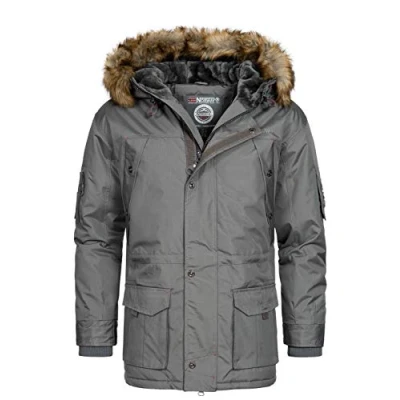 Imagen de Geographical Norway Abiosaure Men Distribrands Chaqueta impermeable para hombres Abrigo de piel con capucha gruesa exteriores Prueba viento invierno forro (Gris Obscuro S)