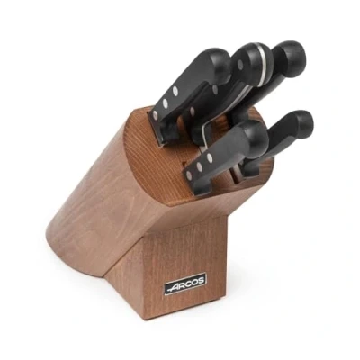 Imagen de Arcos Juego de Cuchillos. 5 piezas en Acero Inoxidable Nitrum. Bloque madera pino. Mango ergonómico polioximetileno POM. 2950 gr. Serie Universal. Mayor control. Color negro.