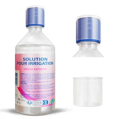 Imagen de NaCl 0,9 500 ml, solución salina isotónica fisiológica estéril para limpieza de la nariz del bebé, y los ojos, con boquilla estéril, vaso medidor 20 ml incluido