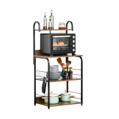 Imagen de HOMCOM Estantería de Cocina 4 Niveles Estante con Ganchos para Microondas 60x40x125 cm Marrón Rústico y Negro