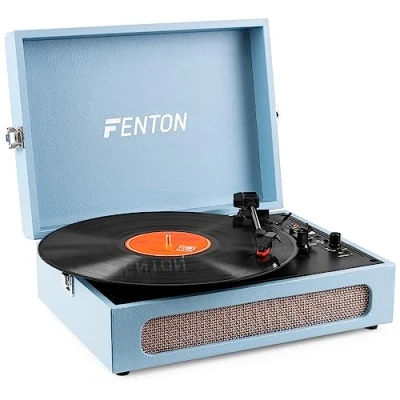 Imagen de Fenton RP118e Tocadiscos Maleta Vintage 3 velocidades Maletin Giradiscos Vinilo con Altavoz Estereo, Salida USB/Auriculares Jack/Conversor MP3 / de Bluetooth. Azul