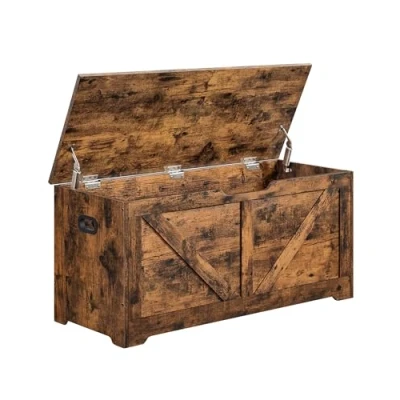 Imagen de VASAGLE Puff Almacenaje, Banco Almacenaje con 2 Bisagras de Seguridad, Baúl Zapatero, Estilo Campo, 40 x 100 46 cm, para Pasillo Dormitorio Salón, Marrón Rústico LSB060T01