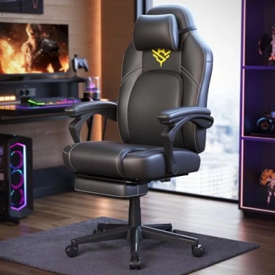Imagen de SONGMICS HOME Silla de Juegos, Racing Ergonómica para Ordenador con Reposapiés, Reposacabezas, Cuero Sintético, Altura Ajustable, Negro Tinta OBG072B01