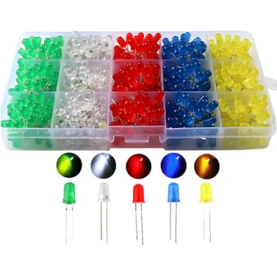 Imagen de CESFONJER 500pcs x 5mm diodo emisor de luz, difusa 2pin color redondo blanco/rojo/amarillo/verde/azul kit caja (5 colores 100pcs)