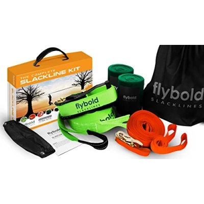 Imagen de flybold Slackline Kit con línea de entrenamiento, protectores árbol, trinquete, entrenador brazos, 17,4 m, fácil instalar, folleto instrucciones y bolsa transporte, juego